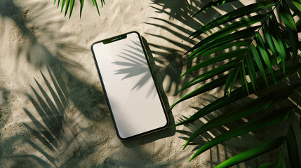 Mobile phone, smartphone on isolated background with screen for text and palm leaves