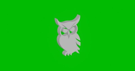Poster - Animation of rotation of a white owl symbol with shadow. Simple and complex rotation. Seamless looped 4k animation on green chroma key background