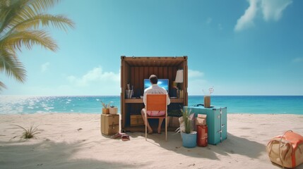 the concept of a remote office on the seashore.