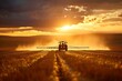 © Anastasiia - Tractor spraying crops in a field at sunset. Concept Agriculture, Farming, Rural Life, Sunset, Tractor