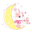Cute card in kawaii style. Lovely unicorn cat on moon. Inscription So meowgical. Smiling kitten unicorn with bow on crescent. Can be used for t-shirt print, sticker, greeting card design. Vector EPS8