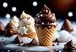 Indulge in chocolate vanilla ice cream cone ads, adorned with ice cubes and delicate snowflakes for added allure