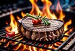 Savor a grilled beef steak with vegetables sizzling on the flaming grill, tantalizing the senses
