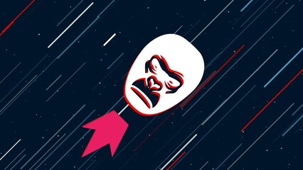Poster - Gorilla head flies through the universe on a jet propulsion. The symbol in the center is shaking due to high speed. Seamless looped 4k animation on dark blue background with stars