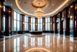 Step into an elegant modern lobby interior featuring marble flooring and a panoramic view