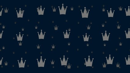 Poster - Crown symbols float horizontally from left to right. Parallax fly effect. Floating symbols are located randomly. Seamless looped 4k animation on dark blue background