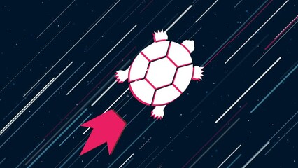 Poster - Turtle symbol flies through the universe on a jet propulsion. The symbol in the center is shaking due to high speed. Seamless looped 4k animation on dark blue background with stars