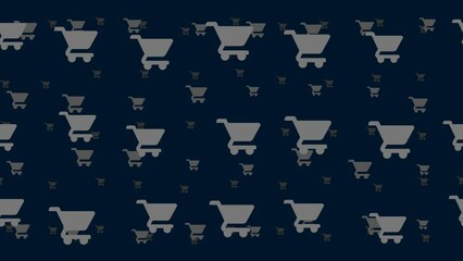 Poster - Shopping cart symbols float horizontally from left to right. Parallax fly effect. Floating symbols are located randomly. Seamless looped 4k animation on dark blue background