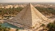 Egyptian pyramids in ancient times near the Nile River and palm trees