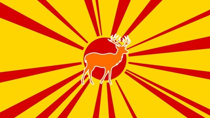 Poster - Deer symbol on the background of animation from moving rays of the sun. Large orange symbol increases slightly. Seamless looped 4k animation on yellow background
