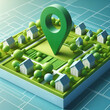 Pin icon for location on a plot of green land, an estate investment, or a parcel of land intended for construction. Section of a three-dimensional ground slice