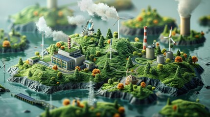 Aufkleber - Traceability in supply chains for mining and industry. 3d isometric block of terrain on a green background. sustainable energy concept. Wind turbines, a dam, and a solar energy plant. Generative AI.