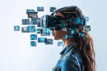 Young woman with virtual reality headset looking at floating digital screens on a bright background