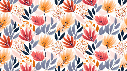 Canvas Print - A seamless pattern with colorful flowers and leaves on a white background.