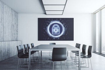 Poster - Creative lock sketch with chip hologram on presentation monitor in a modern boardroom, protection of personal data concept. 3D Rendering