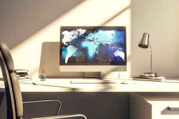 Poster - Computer monitor with abstract creative digital world map, globalization concept. 3D Rendering