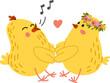 Adorable chicks boy and girl characters happily tweet while holding tiny wings, Isolated vector little hen birds with fluffy yellow feathers and bright smiles, share love and romance on poultry farm