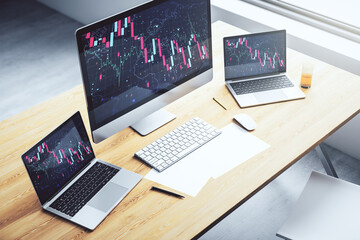 Aufkleber - Creative abstract economic crisis chart with world map hologram on modern computer monitor, bankruptcy and recession concept. 3D Rendering