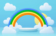 Kids podium with rainbow and clouds. 3d Vector summer background render in cute childish style for baby products showcase. Round stage or pedestal under the bright colorful rainbow and blue cloudy sky