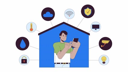 Poster - Smart home phone man line 2D animation. Typing cellphone. Remote access with smartphone indian guy 4K video motion graphic. House technology linear animated cartoon flat concept, white background