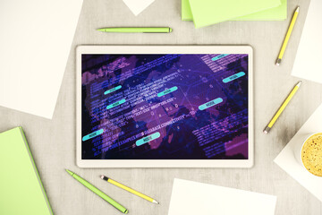 Poster - Top view of modern digital tablet display with abstract software development hologram and world map, global research and analytics concept. 3D Rendering