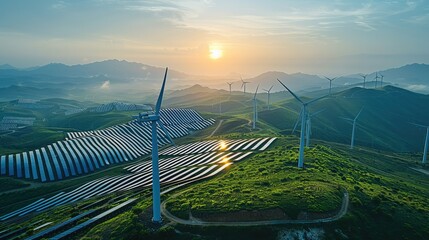 Poster - Sustainable energy wind farm amongst a massive solar farm in a green hillside, a blue beautiful sky, cool tones and feels clean and future advanced. Aerial high view. Generative AI.