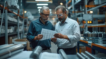 Leinwandbilder - Two men in a factory looking at a paper report which has of stock market ticker in factory. Generative AI.