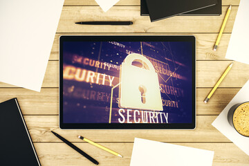 Aufkleber - Creative lock sketch with chip hologram on modern digital tablet screen, protection of personal data concept. Top view. 3D Rendering