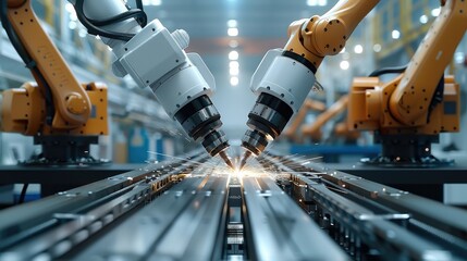 Fototapete - Two robot arms milling a metal workpiece in the steel industry. Generative AI.