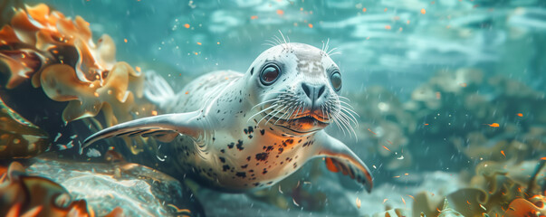 Wall Mural - Closeup panoramic view of seal swimming undersea. Animal wildlife concept.