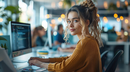 Fototapete - Developer women at their computer in a modern open office working space. Generative AI.