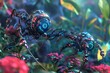 Capture the cybernetic gardeners working on otherworldly plants from a dynamic top-down perspective Highlight the intricate metal limbs against the vibrant hues of the surreal flor