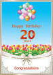 20 years anniversary.Birthday card on background of flowers and balloons with decorative ribbon and bow. Vector illustration