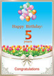 5 years anniversary.Birthday card on background of flowers and balloons with decorative ribbon and bow. Vector illustration