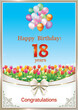 18 years anniversary.Birthday card on background of flowers and balloons with decorative ribbon and bow. Vector illustration