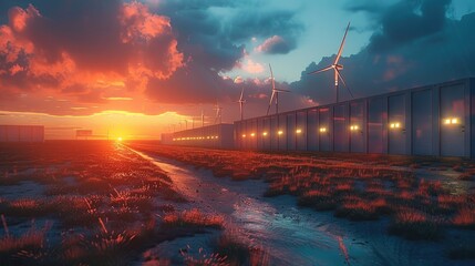 Poster - Sunset with modern battery energy storage system and background of wind turbines and solar panel power plants. Generative AI.