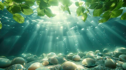 Canvas Print - The underwater sea from beneath including few of seashells. The way the light shines through the leaves, highlighting their structure and the delicate nature of them. Generative AI.