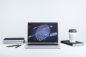 Aufkleber - Computer monitor with abstract creative fingerprint illustration, personal biometric data concept. 3D Rendering