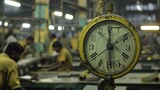 Fototapeta  - Against the backdrop of a clock ticking away the hours, workers in the factory press on, their determination unwavering as they strive to meet quotas and exceed expectations.