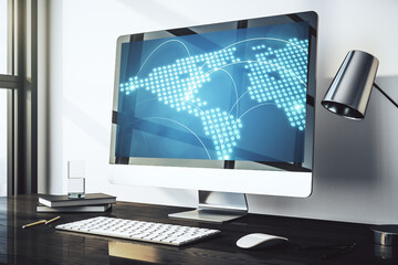 Poster - Abstract creative world map with connections on modern laptop screen, international trading concept. 3D Rendering