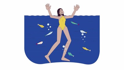 Poster - Arab woman drowning in sea line cartoon animation. Dangerous situation on water 4K video motion graphic. Helpless middle eastern female 2D linear animated character isolated on white background