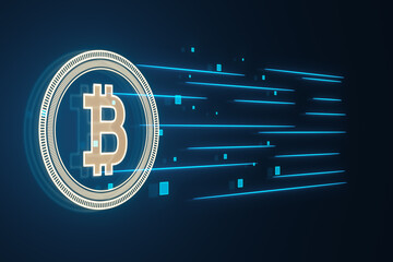 Fototapete - Creative growing round bitcoin hologram on dark backdrop. Cryptocurrency and finance concept. 3D Rendering.