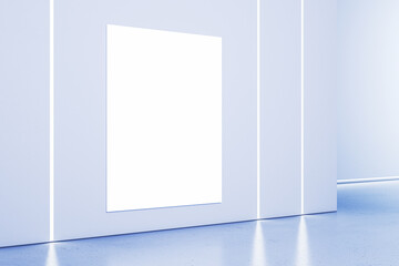 Poster - Modern blue interior with light reflections on floor and empty white mock up banner . Gallery concept. 3D Rendering.