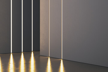 Poster - Clean gray concrete interior with light reflections on floor and mock up place. Gallery concept. 3D Rendering.
