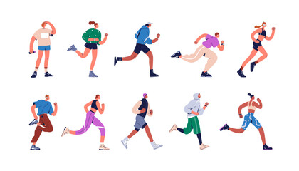 Poster - Active runners set. Joggers jogging in sportswear. Healthy men and women running, training, exercising. Sports characters in cardio workout. Flat vector illustration isolated on white background