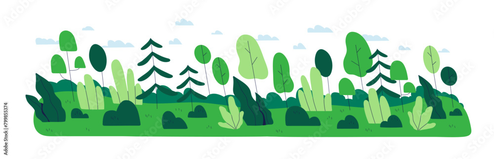 Green forest border. Woodland landscape with trees, grass, shrubs ...