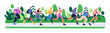Runners, joggers in park. Many active people jogging, running, landscape panorama, border. Healthy cardio activity, endurance workout, sports training, exercising. Flat vector banner illustration