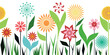 Geometric drawing of grass and flowers, summer meadow, seamless border, vector illustration	