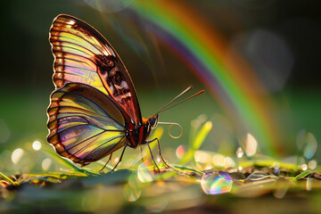 Wall Mural - A butterfly's wings shimmer with rainbow iridescence.