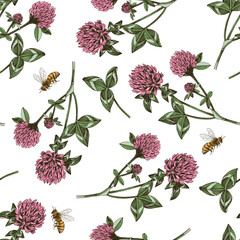 Wall Mural - Seamless pattern with bees pollinating red clover flowers